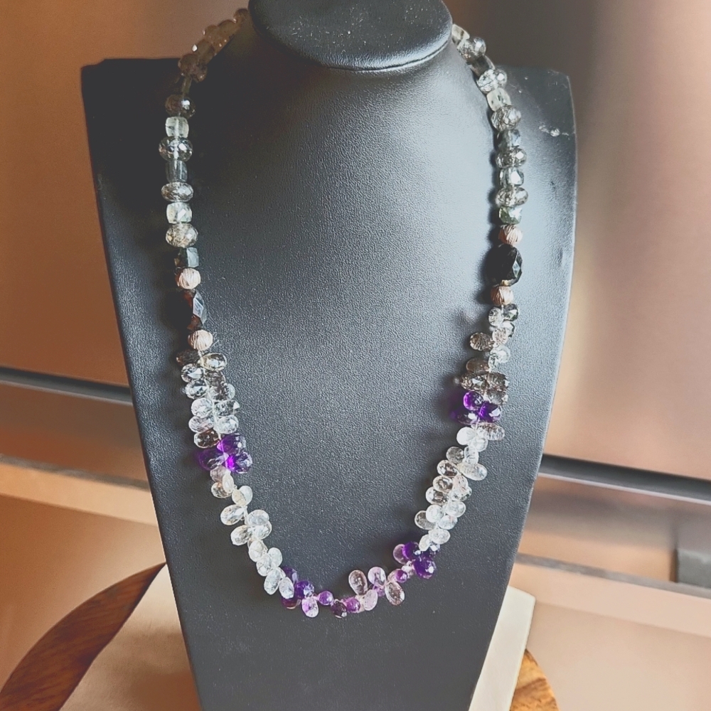 Moss Amethyst necklace with Black Rutile quartz and Hill tribe silver